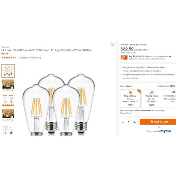 YANSUN UL Listed 6W 60W ST58 Edison LED Light Bulb Soft White 2700K (4-Pack) - Picture 2 of 5